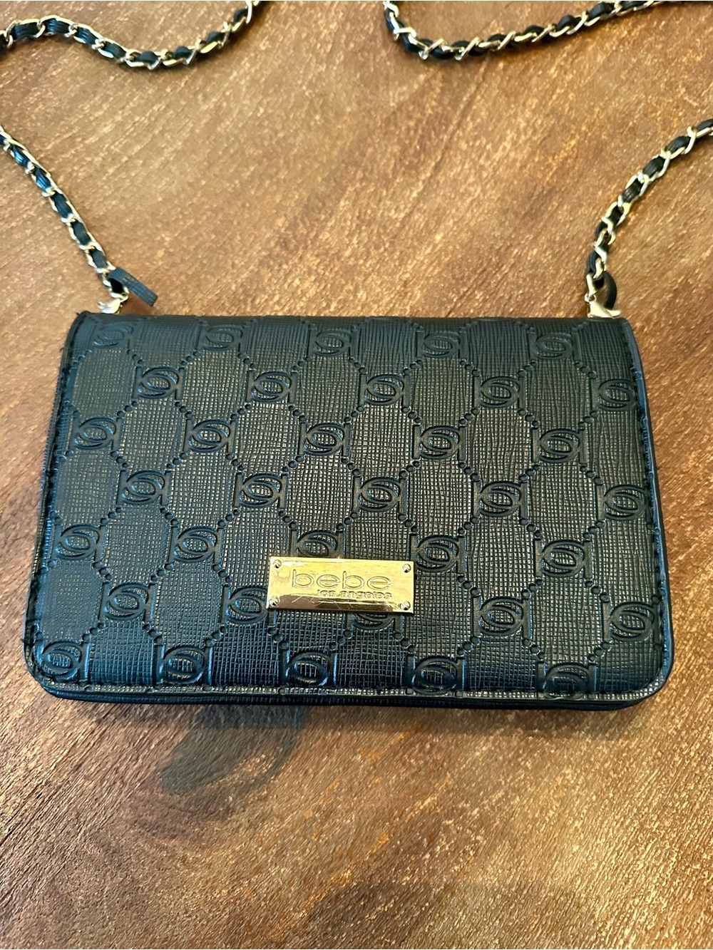 bebe Black Embossed Logo Crossbody with Gold Chain